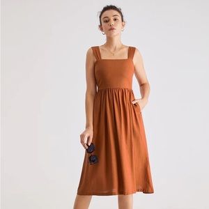 Burnt Orange Square Neck A-Line Pleat Dress